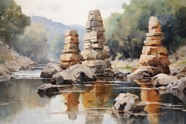 Photo digital watercolor painting of a rock formation in the middle of a river