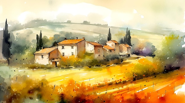 Digital watercolor painting of a village in Tuscany Italy