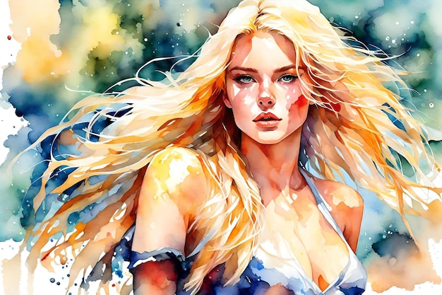 Digital watercolor portrait of a beautiful blond woman with long hair