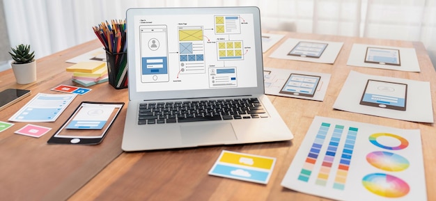 Digital wireframe design for web or mobile app UI on laptop Scrutinize