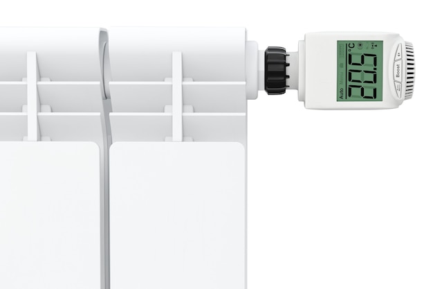 Digital Wireless Radiator Thermostatic Valve connected to Radiator on a white background. 3d Rendering.