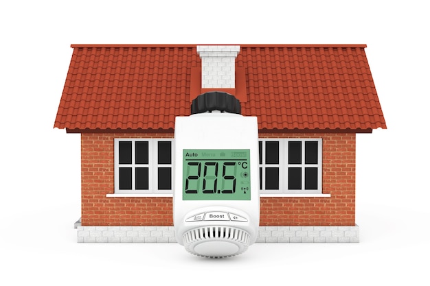 Digital Wireless Radiator Thermostatic Valve near House Building on a white background. 3d Rendering.