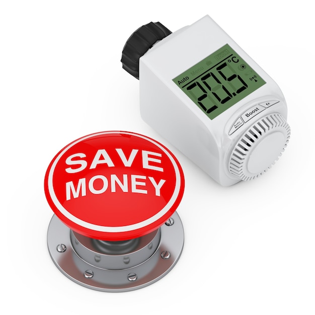 Digital Wireless Radiator Thermostatic Valvenear Red Button Knob with Save Money Sign on a white background. 3d Rendering