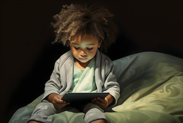 어둠 속에서 태블릿의 빛에 푹 빠진 디지털 원더 어린 아이