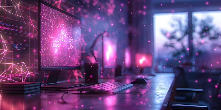 Photo digital workspace computers programming code ai neural networks and digital art concept workstation setup programming coding artificial intelligence digital art