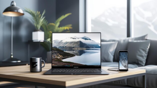 Photo digital workstation laptop and phone on table mockup