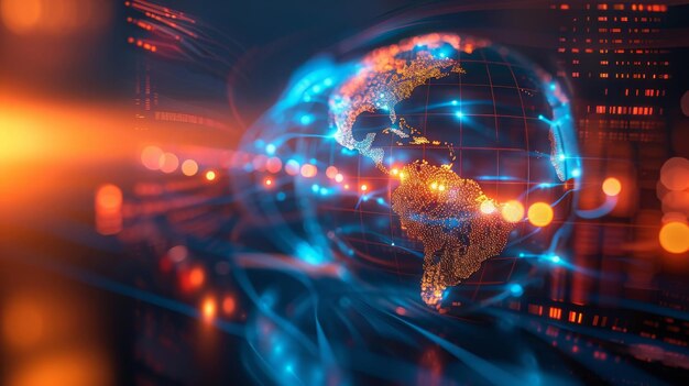 미국을 중심으로 한 디지털 세계: 지구상에서 글로벌 네트워크와 연결의 개념 데이터 트랜스