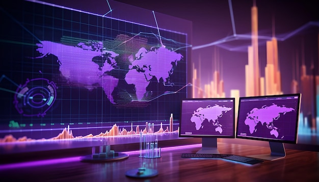 Digital world globe map Business concept Financial markets data graph reflecting Information visplay of Stock market quotes chart HiTech futuristic user interface head up display screen