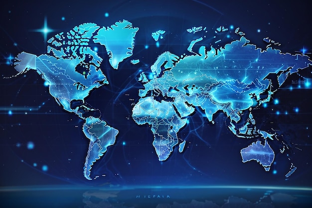 Digital world map hologram blue background