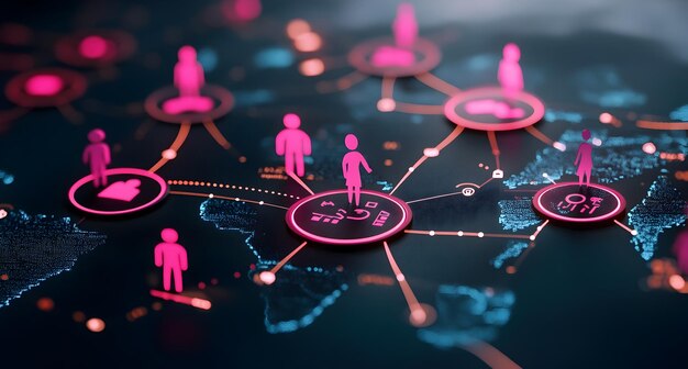 digital world map with diverse demographic customer icons and analytics data visualization