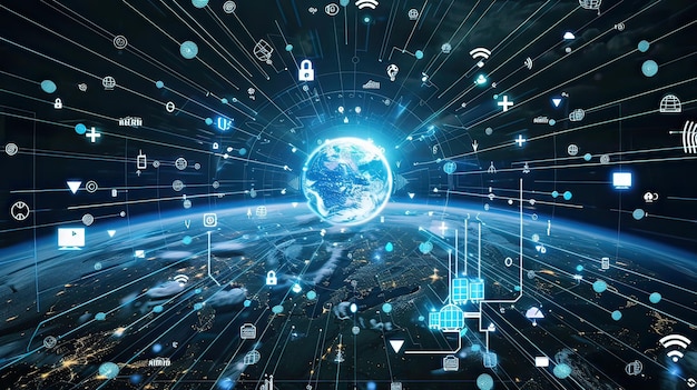 a digital world with a world map in the background
