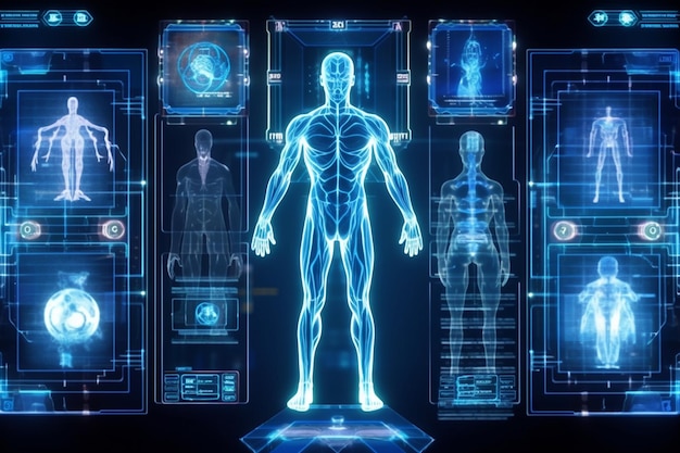 写真 ビネットと青い背景に対する人体のデジタル x 線画像