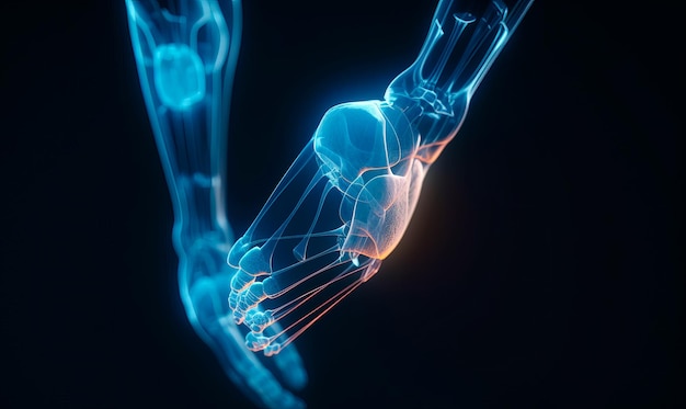 사진 인간의 손에 대한 디지털 xray 홀로그램 스캔 검정색 배경에 인간 팔다리 투영 생성 ai 닫기