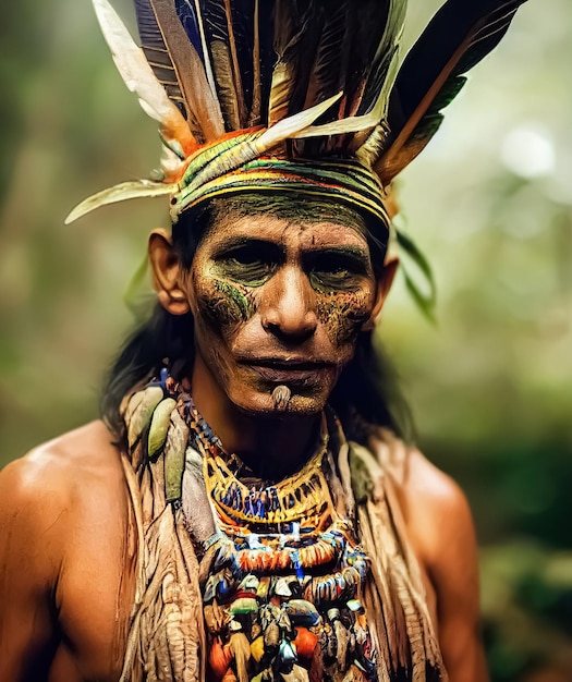 Digitale 3D illustratie van ayahuasca Indiase sjamaan in traditionele tribale ceremoniële klederdracht