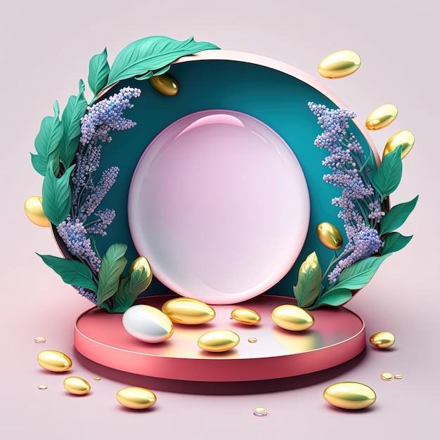 Digitale 3D illustratie van een podium met eieren, bloemen en bladornamenten voor productweergave