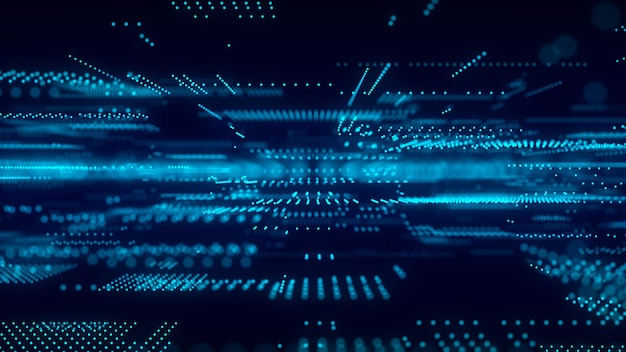 Digitale achtergrond met bewegende gloeiende deeltjes Futuristische hitech illustratie Concept van gegevensoverdracht in cyberspace Big data visualisatie 3D-rendering