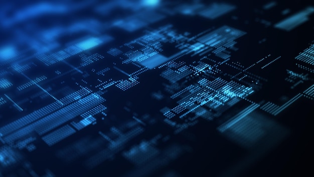 Digitale achtergrond met bewegende gloeiende deeltjes Futuristische hitech illustratie Concept van gegevensoverdracht in cyberspace Big data visualisatie 3D-rendering