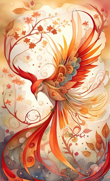 Digitale aquarel illustratie van een prachtige magische fantasie vogel met heldere vleugels