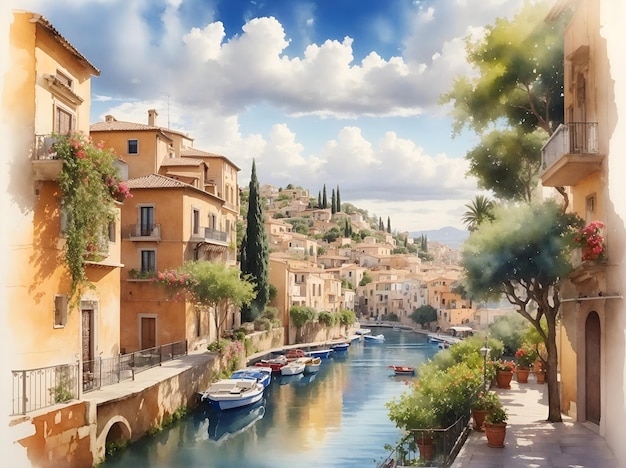 Digitale aquarel schilderij van het uitzicht op de Middellandse Zee rivier