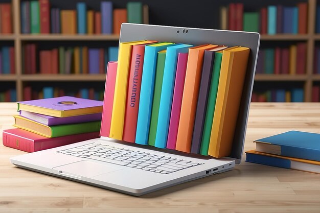 Digitale bibliotheek en online onderwijs concept laptop computer met kleurrijke boeken 3D rendering