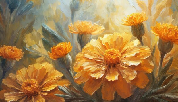 Foto digitale botanische schilderij close-up van een bos sinaasappel marigold bloemen olieverf bloemenboeket
