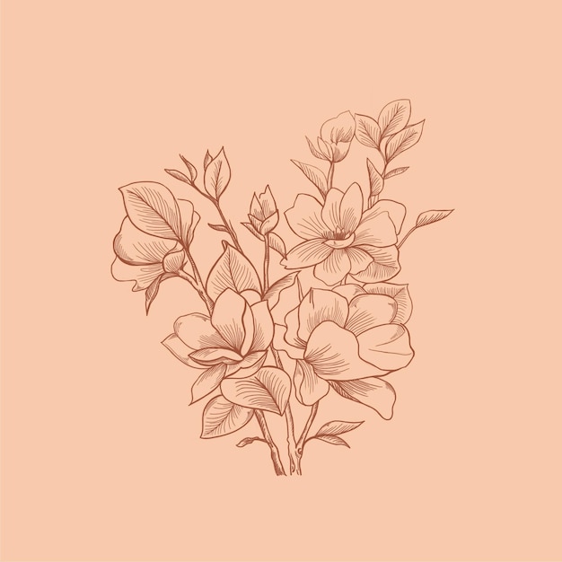 Digitale bruine lineart illustratie van magnolia bloemen met bladeren op carol achtergrond