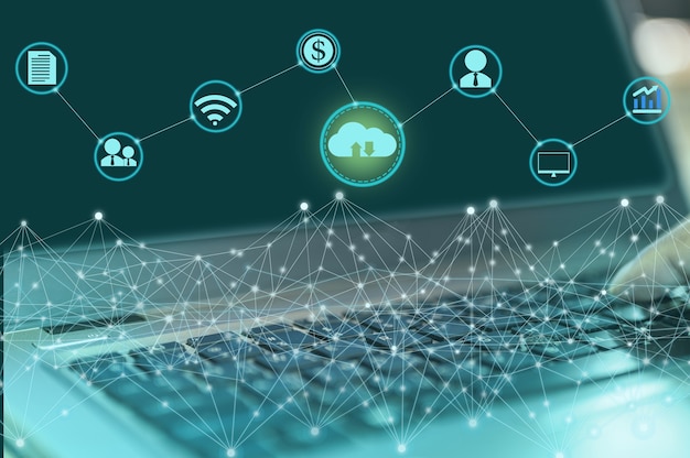 Foto digitale cloudpictogrammen zijn gekoppeld aan andere die wereldwijde netwerken vertegenwoordigen voor zakelijke en technologische ideeën.