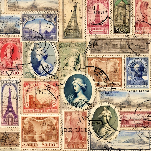 Digitale collage met vintage esthetiek met een artistieke arrangement van vintage postzegels