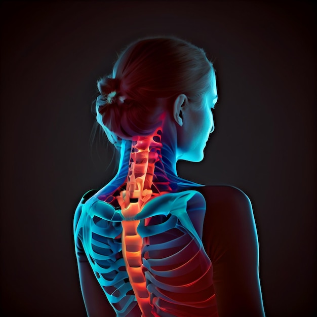 Digitale composiet van gemarkeerde ruggengraat van vrouw met rugpijngeneratieve ai
