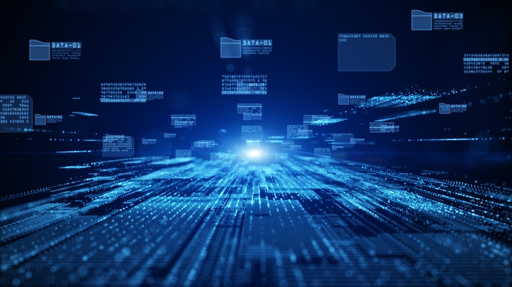 Foto digitale cyberspace met deeltjes en digitale datanetwerkverbindingen, toekomstige technologie digitale samenvatting