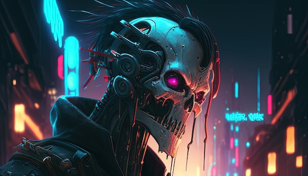 Digitale de kunstillustratie van de cyberpunkschedelmoordenaar Generatieve AI