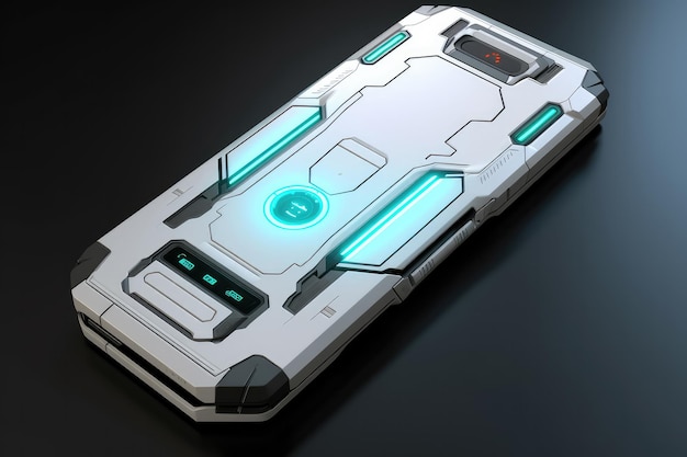 Digitale evolutie Witte futuristische smartphone verlicht door blauw licht Geavanceerde technologie in moderne esthetiek