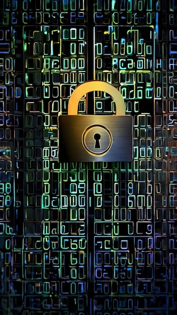 Foto digitale fortress binary code encryption tegen gloeiend slot