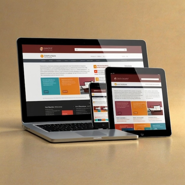 Digitale gegenereerde apparaten op de desktop responsieve coole website design op het scherm zijn gemaakt van 3D-rendering