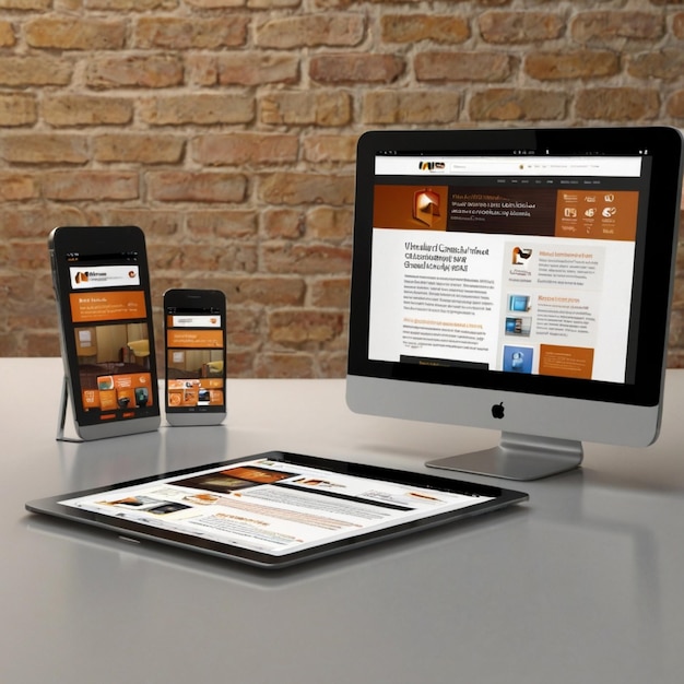 Digitale gegenereerde apparaten op de desktop responsieve coole website design op het scherm zijn gemaakt van 3D-rendering