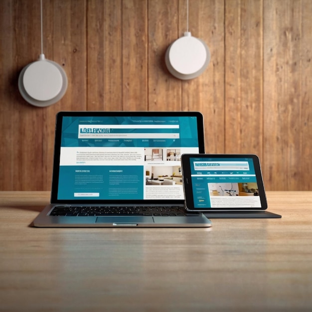 Digitale gegenereerde apparaten op de desktop responsieve coole website design op het scherm zijn gemaakt van 3D-rendering