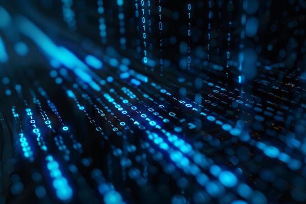 Digitale gegevensstroom van blauwe getallen en code die in de donkere ruimte stroomt abstracte achtergrond voor technologie of digitaal informatieconcept met binair getal op zwart scherm