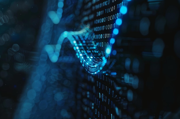 Digitale gegevensstroom van blauwe getallen en code die in de donkere ruimte stroomt abstracte achtergrond voor technologie of digitaal informatieconcept met binair getal op zwart scherm