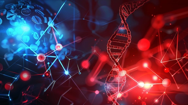 Digitale illustratie DNA-structuur in blauw en rood licht