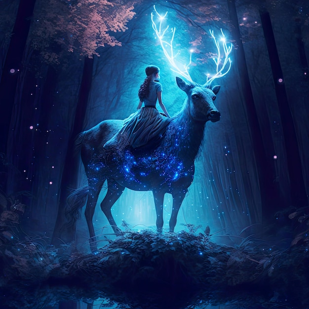 Digitale illustratie, een meisje dat op een hert rijdt