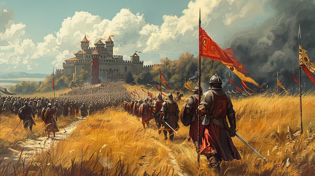 Digitale illustratie van een fantasy middeleeuwse strijd