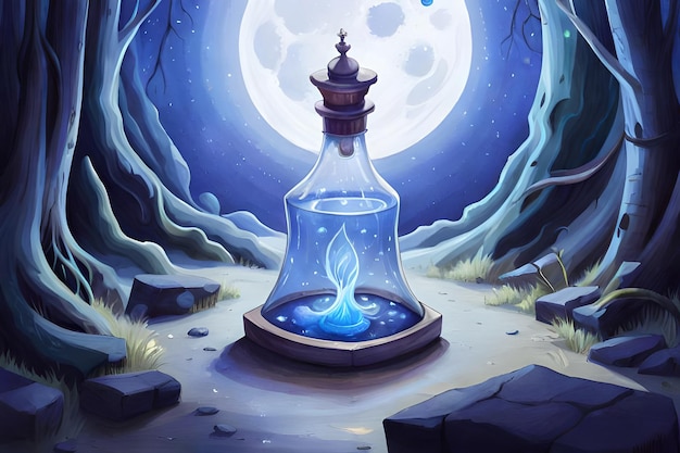 digitale illustratie van Een fles magisch drankje in een donker fantasie bos magisch drankje
