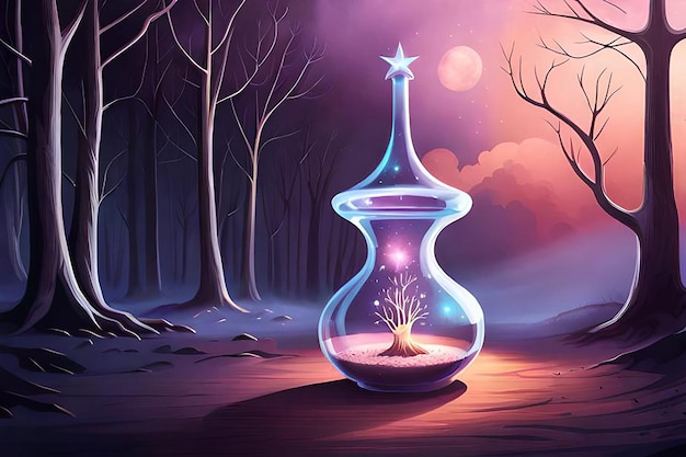 Digitale illustratie van Een fles magisch drankje in een donker fantasie bos
