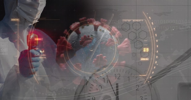 Digitale illustratie van een macro covid-19-cel met een tikkende klok boven een arts die beschermende kleding draagt, met behulp van een elektrische thermometer. coronavirus covid-19 pandemie concept digitale composiet