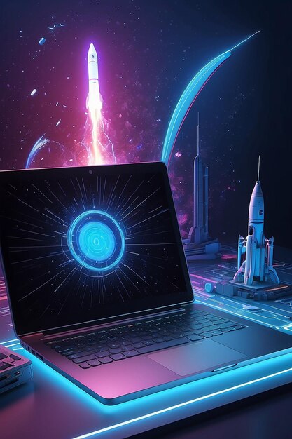 Digitale illustratie van een raket en een laptop achtergrond met blauw neonlicht Generatieve AI