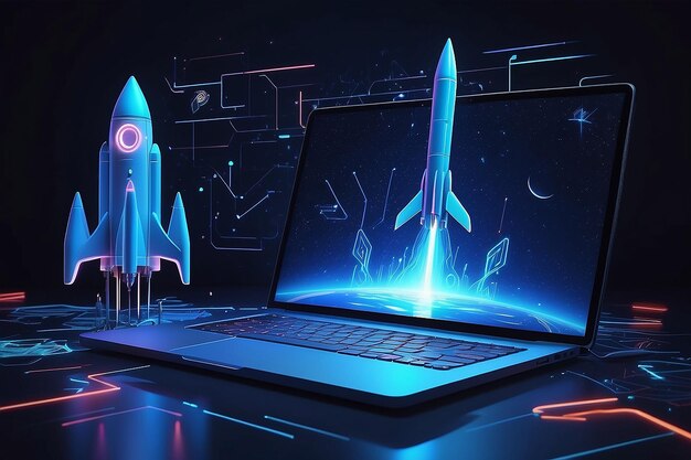 Digitale illustratie van een raket en een laptop achtergrond met blauw neonlicht Generatieve AI