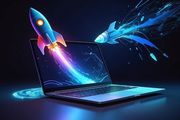 Digitale illustratie van een raket en een laptop achtergrond met blauw neonlicht Generatieve AI