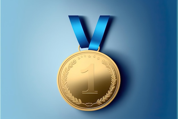 Digitale illustratie van gouden medaille met nummer 1, blauwe achtergrond. Generatieve AI