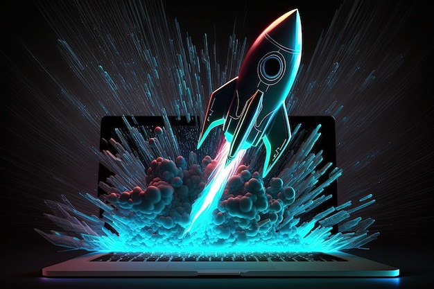 Digitale illustratie van raket en laptopachtergrond met blauw neonlicht Generatieve AI