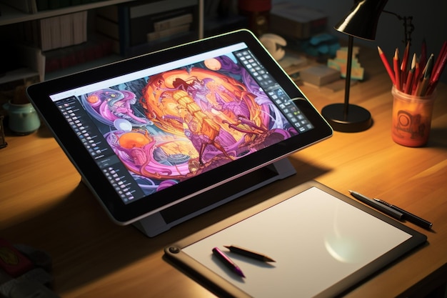 Digitale illustratietools op een grafisch tablet met handgetekende schetsen op het scherm